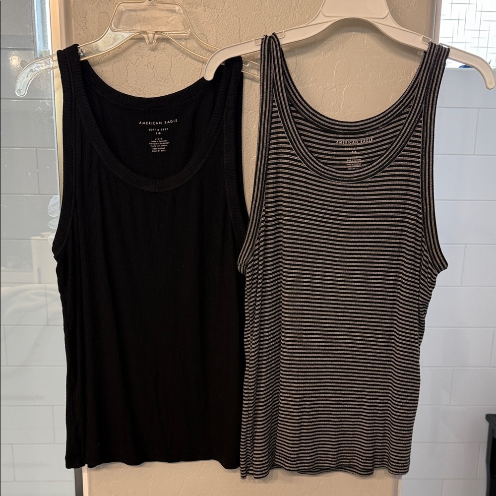 2 American Eagle Outfitters Black and black/white Striped Tank Tops